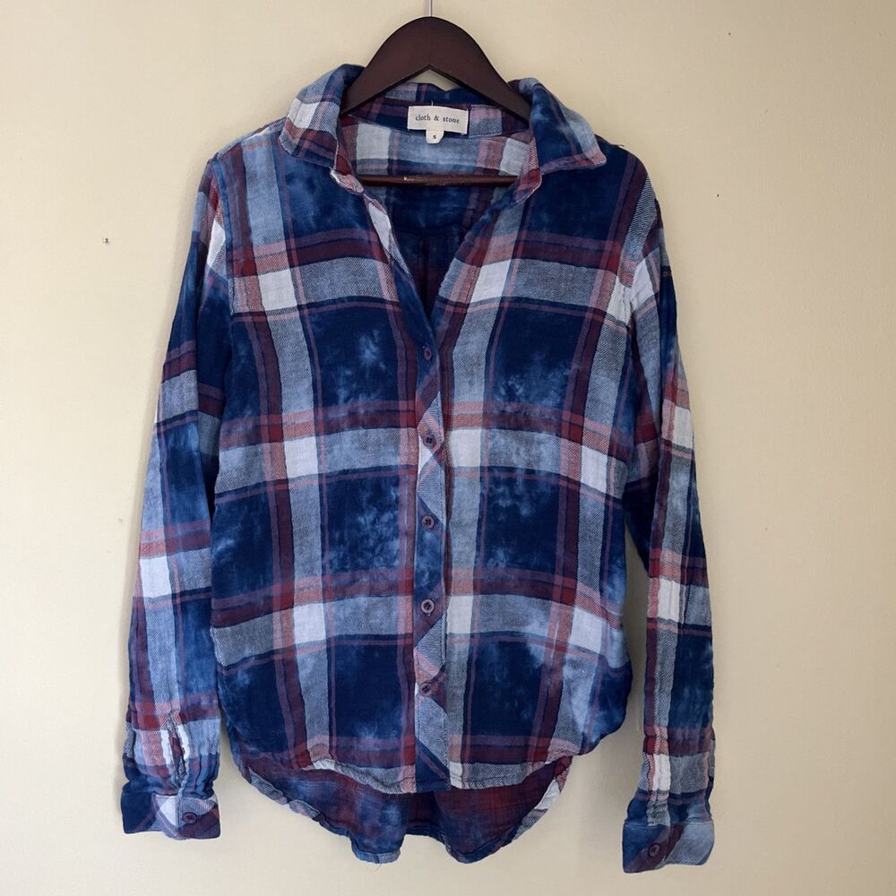 Anthropologie Cloth & Stone Cloud Wash Plaid Button Down, Berry Galaxy- Small